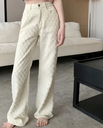 White High Waisted Diamond Checkered Floral Jeans for Women 2024 Spring New Jacquard Design Wide Leg Pants