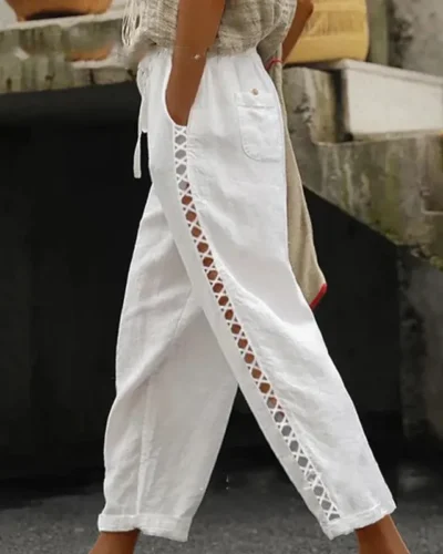 Women Fashion Embroidered Lace Trousers Vintage Lace-Up Pockets Pants Summer Elegant Loose Elastic Waist Long Pants Streetwears