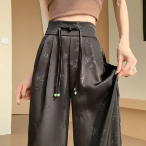 Summer Chinese National Style Jacquard Wide-Leg Pants Women's High Waist Casual Pants Black Spring Autumn Fashion Trousers