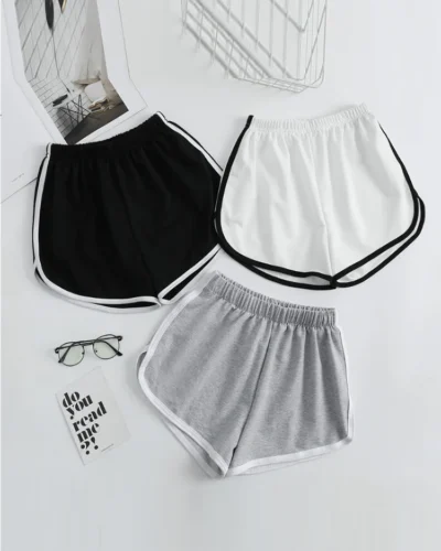 Striped Sports Shorts for Women, Simple Loose Shorts, Casual Slimming Short for Ladies, High Waisted, Monochrome, Summer Fashion