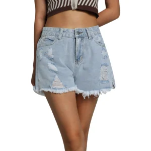 Women Ripped Denim Shorts Summer Fashion Girls High Waist Rough Selvedge Loose Jeans Female Casual Short Trousers Streetwear