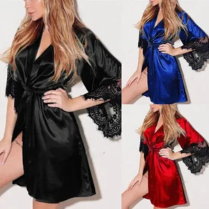 Womens Large Size Ice Silk Sexy Lace Bathrobe Pajamas Female Soft and Comfortable Solid Color Sleepwear V-Neck Bathrobe Pajamas