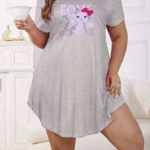 Large size women's casual round neck short sleeved printed pajama dress for home wear