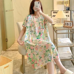Sexy Nightwear Women Icy Floral Pattern Women Pajamas Dress Butterfly Print Student Sleepwear O- Neck Lace Mid-Length Nightgown