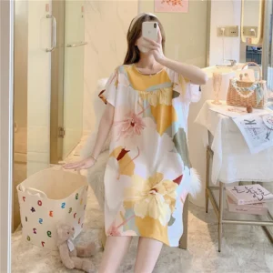 Summer Cotton Silk Nightgown Women's Home Wear Short-Sleeved Cartoon Print Pajamas Burst Large Size Spring and Autumn Home Wear