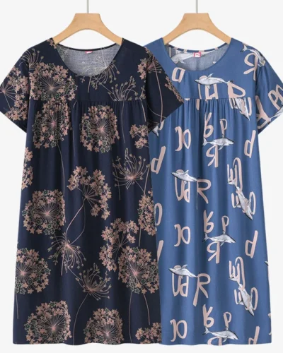 Middle-Aged and Elderly Cotton Silk Short-Sleeved Nightgown Homewear Women New Pajamas Thin Section Loose Homewear Dress Summer