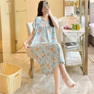 Womens Nightwear Nightdress Cotton Silk Ladies Summer Short Sleeve Cartoon Print Student Dress Pajamas Large Size Loose Can Be W
