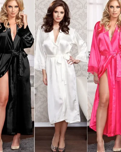 HEZIOWYUN Women's Sexy Lingerie Lace Patchwork Long Sleeve Satin Silk Robe Babydoll Nightdres Kimono Cardigan Design Nightwear