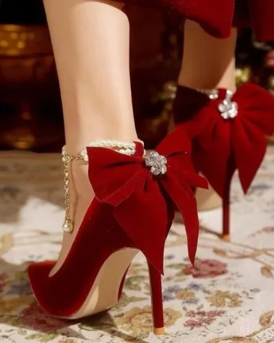 Red Xiuhe wedding shoes new pointy stiletto high heels female shallow mouth bow pearl one word buckle strap two wear bride shoes