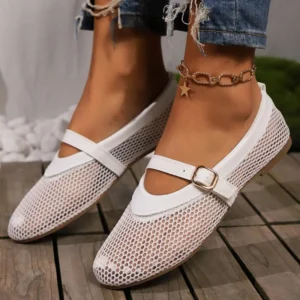 New 2024 Hollowed Out Women's Flat Shoes Leather Buckle Spring and Summer Fashion Moccasins Mary Jane Ballet Flats Women