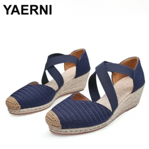 Women Sandals Summer Fashion Solid Color Espadrilles Casual Cross Belt Casual Wedge Sandal Fashion Outdoor Beach Ladies Shoes