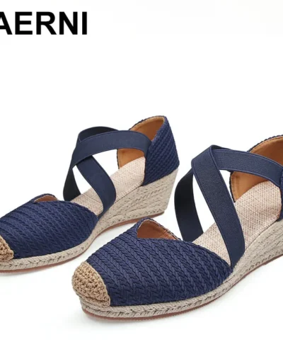 Women Sandals Summer Fashion Solid Color Espadrilles Casual Cross Belt Casual Wedge Sandal Fashion Outdoor Beach Ladies Shoes