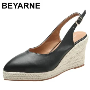 BEYARNE Princess Kate's Same Leather Wedge Single Shoes Women's Shallow Mouth Espadrilles Spring and Autumn New Sandals HighHeel