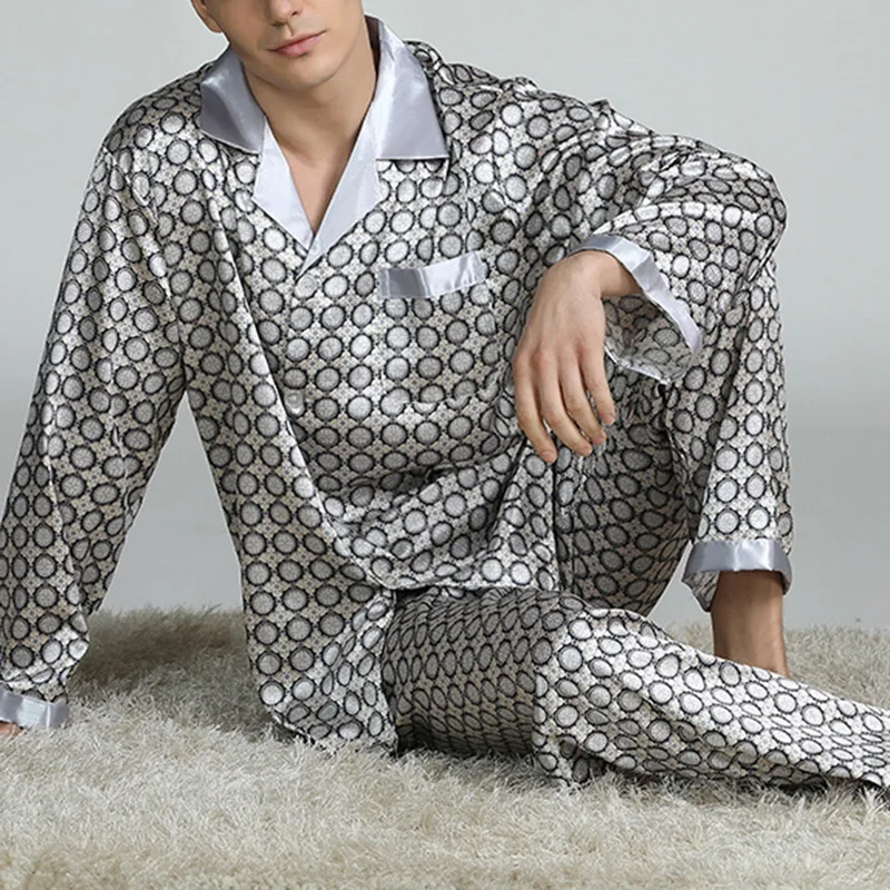 Mens Satin Silk Pajama Sets Sleepwear Casual Nightgown Loose Loungewear Pajamas Pijamas Autumn New Print Nightwear Homewear - Image 3