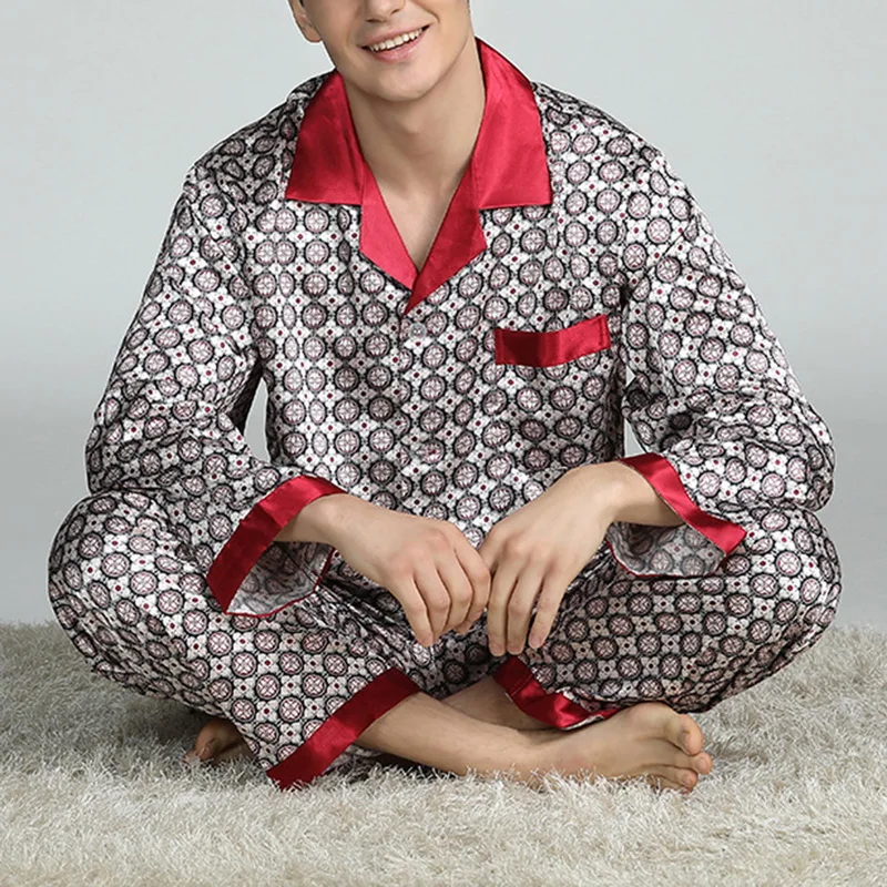 Mens Satin Silk Pajama Sets Sleepwear Casual Nightgown Loose Loungewear Pajamas Pijamas Autumn New Print Nightwear Homewear - Image 2