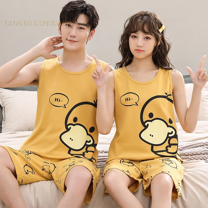 Summer Knitted Cotton Cartoon Duck Mens Pajama Sets Men's Sleep&Lounge Sleeveless Shorts Pants Couple Pajamas Fashion Homewear - Image 3