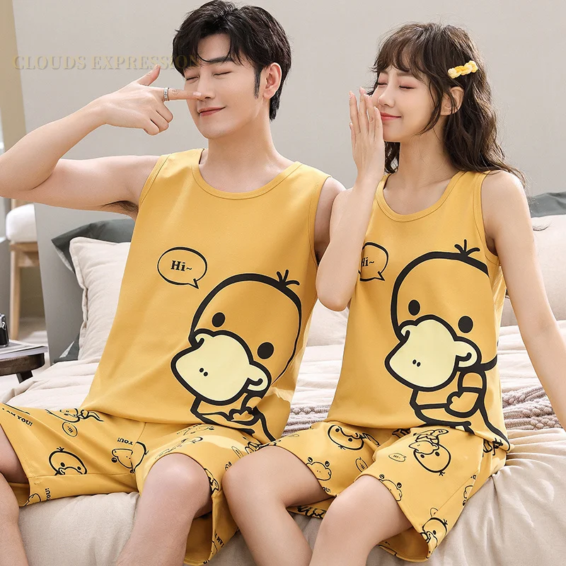 Summer Knitted Cotton Cartoon Duck Mens Pajama Sets Men's Sleep&Lounge Sleeveless Shorts Pants Couple Pajamas Fashion Homewear - Image 5