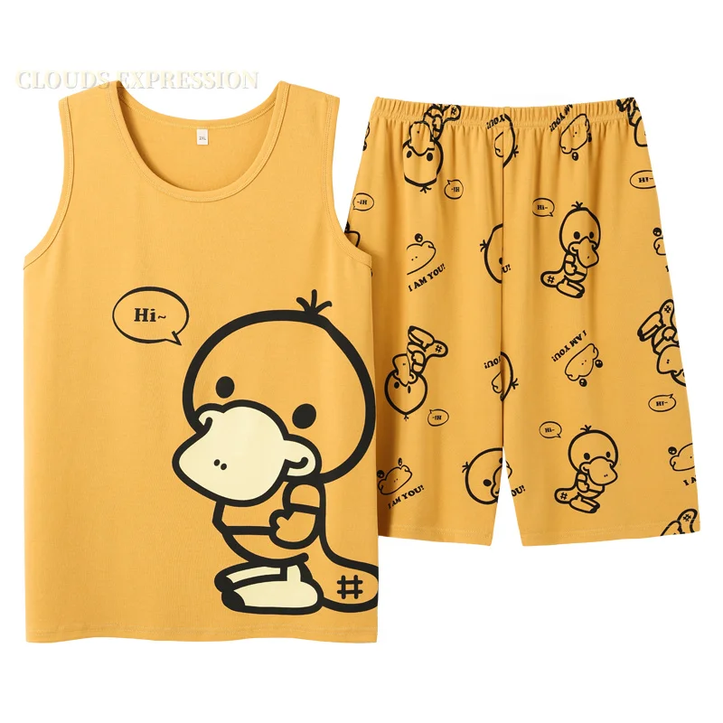 Summer Knitted Cotton Cartoon Duck Mens Pajama Sets Men's Sleep&Lounge Sleeveless Shorts Pants Couple Pajamas Fashion Homewear - Image 4