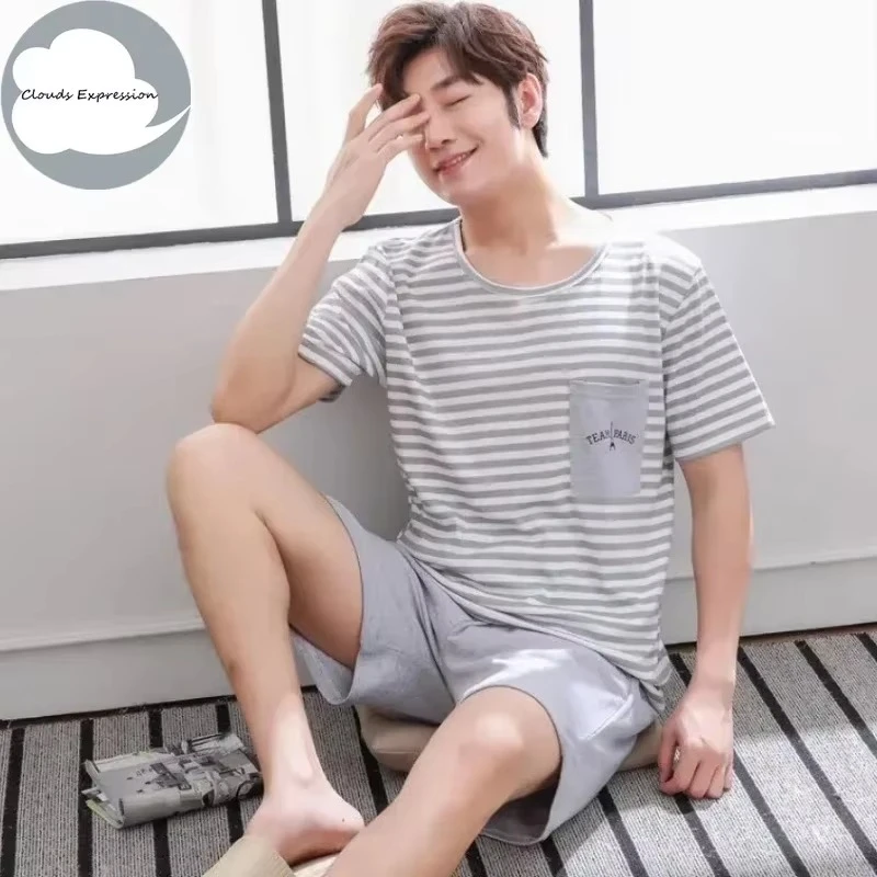 Summer Knitted Cotton Short Sleeved Men's Pajamas Sets Male Pajama Set Letter Pajama For Men Sleepwear Suit Homewear Size xXXXL - Image 6