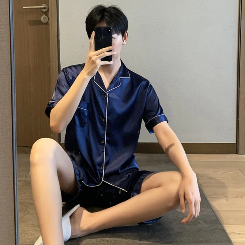 Summer New Pajamas For Man Big Size Satin Mens Pajama Sets Shorts Silk Short Sleeve Sleepwear Home Pijama Night Wear Loungewear - Image 4