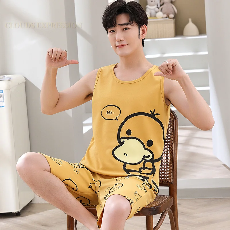 Summer Knitted Cotton Cartoon Duck Mens Pajama Sets Men's Sleep&Lounge Sleeveless Shorts Pants Couple Pajamas Fashion Homewear - Image 2