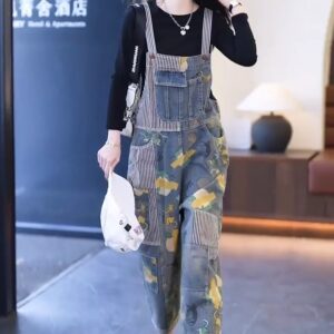 Women’s Cartoon Print Vintage Jumpsuit – Striped Patchwork Multi-Pocket Overalls