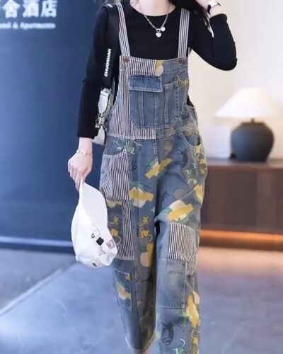 Women’s Cartoon Print Vintage Jumpsuit – Striped Patchwork Multi-Pocket Overalls