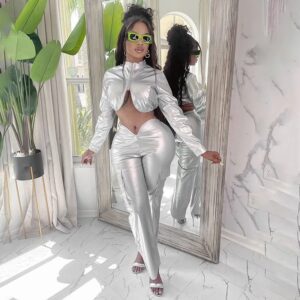 Y2K Women Two Piece Shiny Silver PU Leather Zipper Cropped Jacket Straight Pants Set