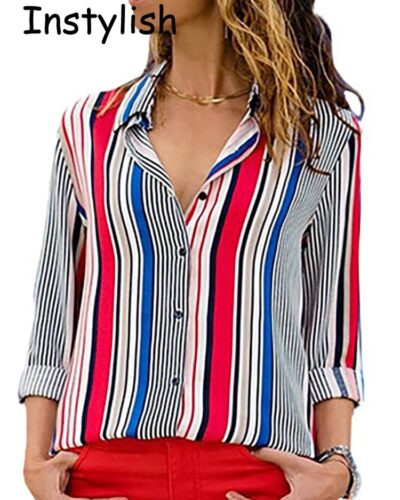 Office Lady Long Sleeve Striped Lapel Chiffon Blouse – Elegant Loose Chic Women Tunic