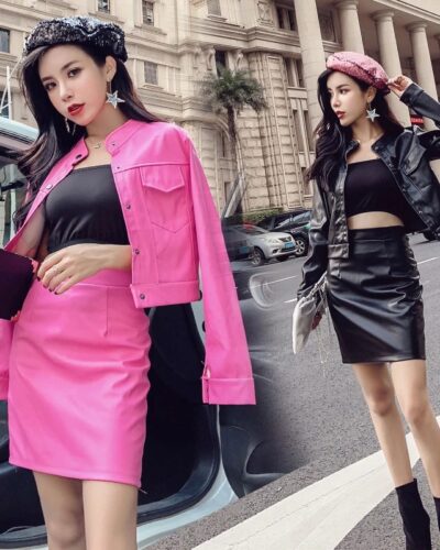2 Pieces Women Leather Set Sexy Slim Jacket Skirt Long Sleeve Button Coat High Waist Streetwear Outfit