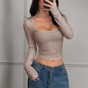 Women’s Long Sleeve Slim Fit Round Neck T-Shirt – Solid Color Fall Winter Y2K Streetwear Top