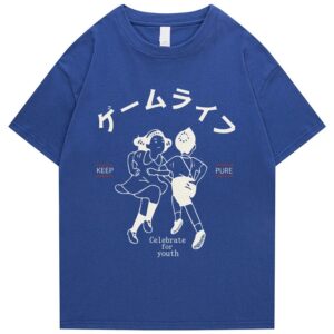 Men’s Harajuku Hip Hop T-Shirt Japanese Kanji Print Cotton Casual Streetwear Short Sleeve Tee