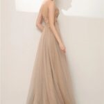 Champagne A Line Prom Dress Spaghetti Strap Sequin Gown