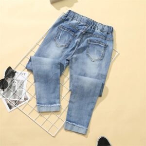 Women Spring Summer Embroidery Jeans Elastic Waist Ankle Length Denim Pants Office Casual Loose Trousers