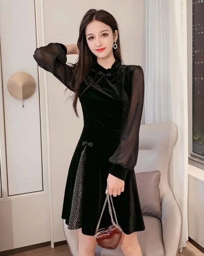 Black Elegant Qipao Cheongsam Oriental Dress Short Japanese Style Ao Dai FF2790
