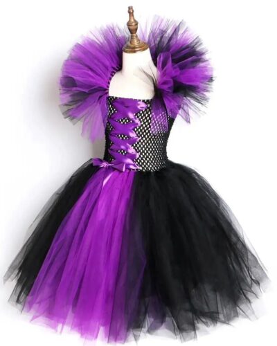 Horns Wings Costume Girls Princess Tutu Dress Devil Halloween Evil Queen Kids Cosplay Outfit