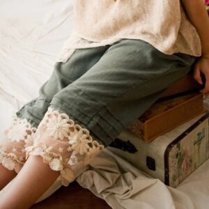 Harajuku Mori Girl Cotton Linen Pants Army Green Lace Floral Embroidered Trousers