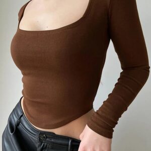 Women’s Square Collar Long Sleeve Crop Top – Green Autumn Skinny Solid Casual T-Shirt, Trendy Streetwear