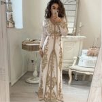 Ivory Velvet Moroccan Caftan Long Sleeve Dubai Evening Gown