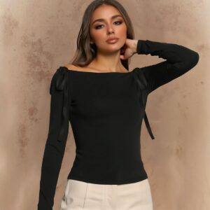 Women’s Off-Shoulder Long Sleeve T-Shirt – Elegant Solid Color Casual Top for All-Season Fashion