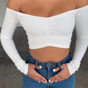 Women’s Off-Shoulder Long Sleeve T-Shirt – Solid Color Slim Fit Basic Tee for Autumn Streetwear Fashion