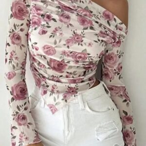 Spring & Autumn Women’s Elegant Floral Print Long Sleeve T-Shirt – Irregular Hem Top